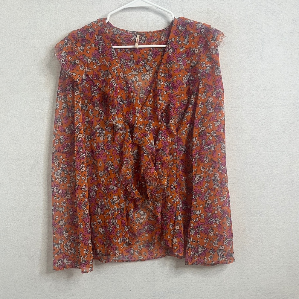 Free People Orange Floral Sheer Ruffle Boho Blouse Medium